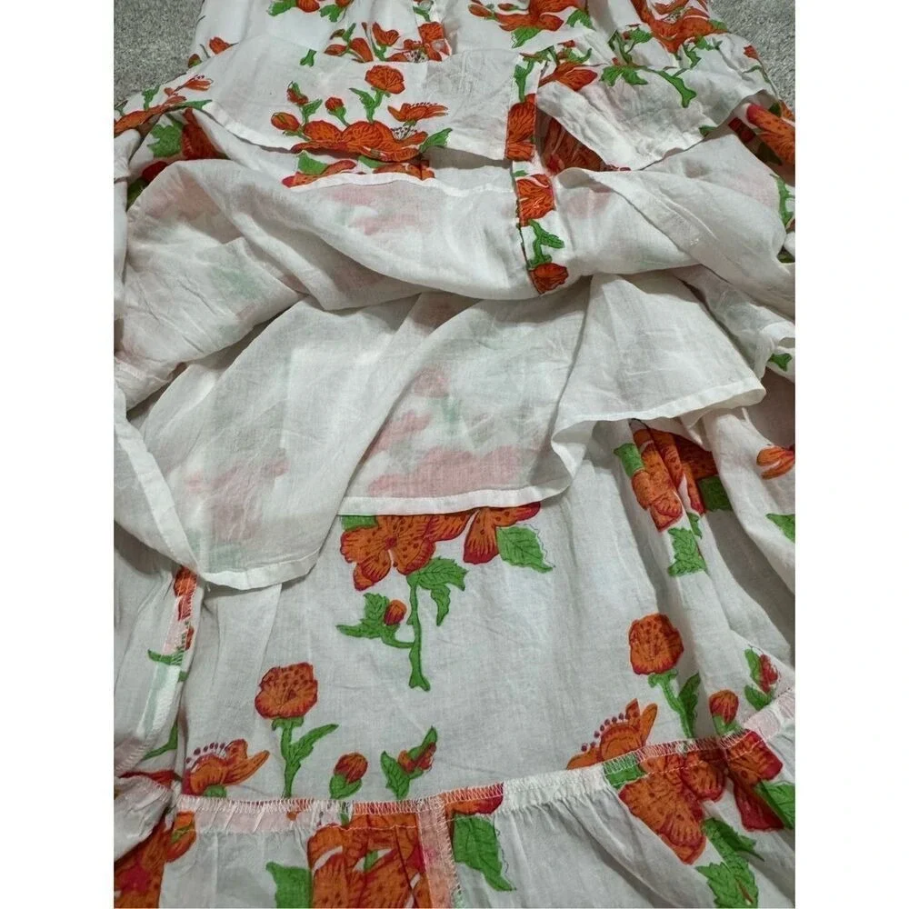 Victoria‎ Dunn White Orange Floral Tiered Maxi Dress Mandarin Collar Medium